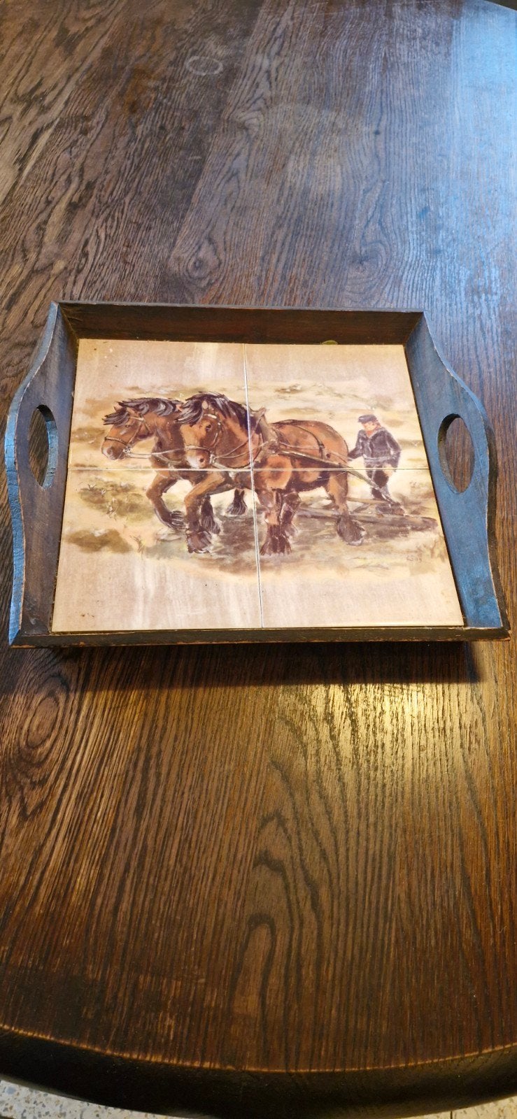 Vintage dienblad met paarden en boer, Antiek en Kunst, Ophalen