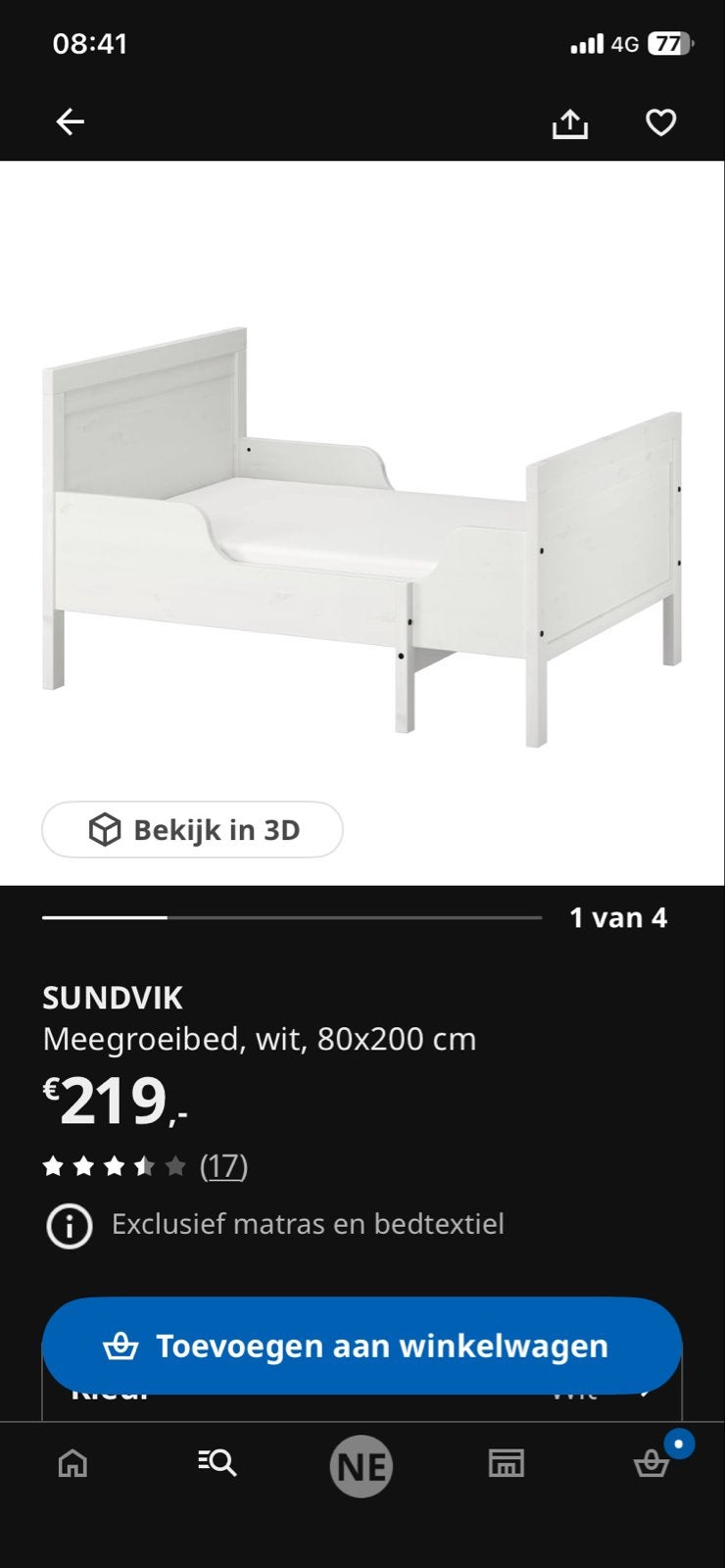 IKEA SUNDVIK meegroeibed wit met VIMSIG matras, Ophalen, 70 tot 85 cm, Zo goed als nieuw, Matras