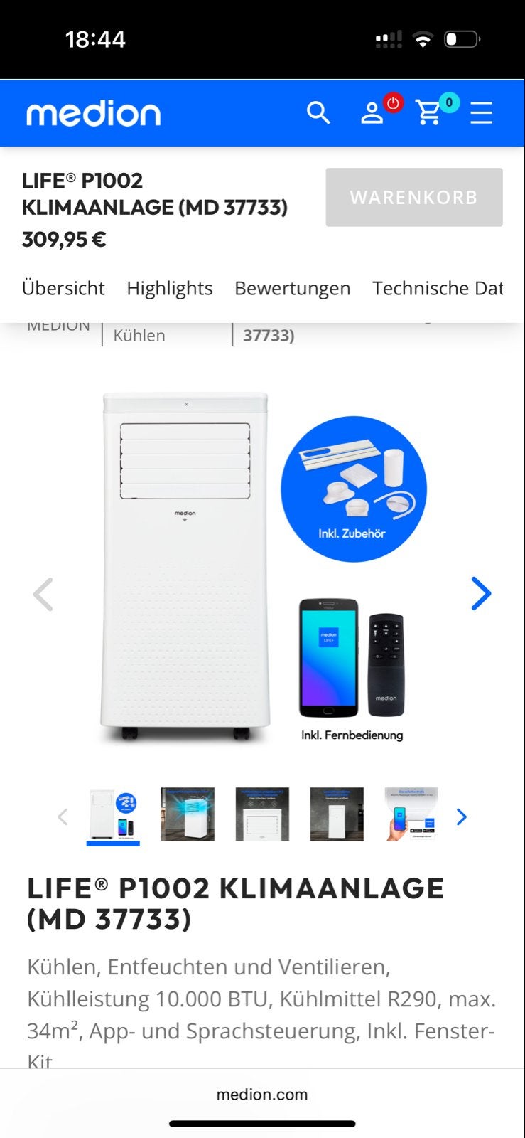 Medion Mobiele airco P1002 MD37733 10000BTU Smart, Witgoed en Apparatuur, Ophalen, Minder dan 60 m³, Nieuw, 3 snelheden of meer