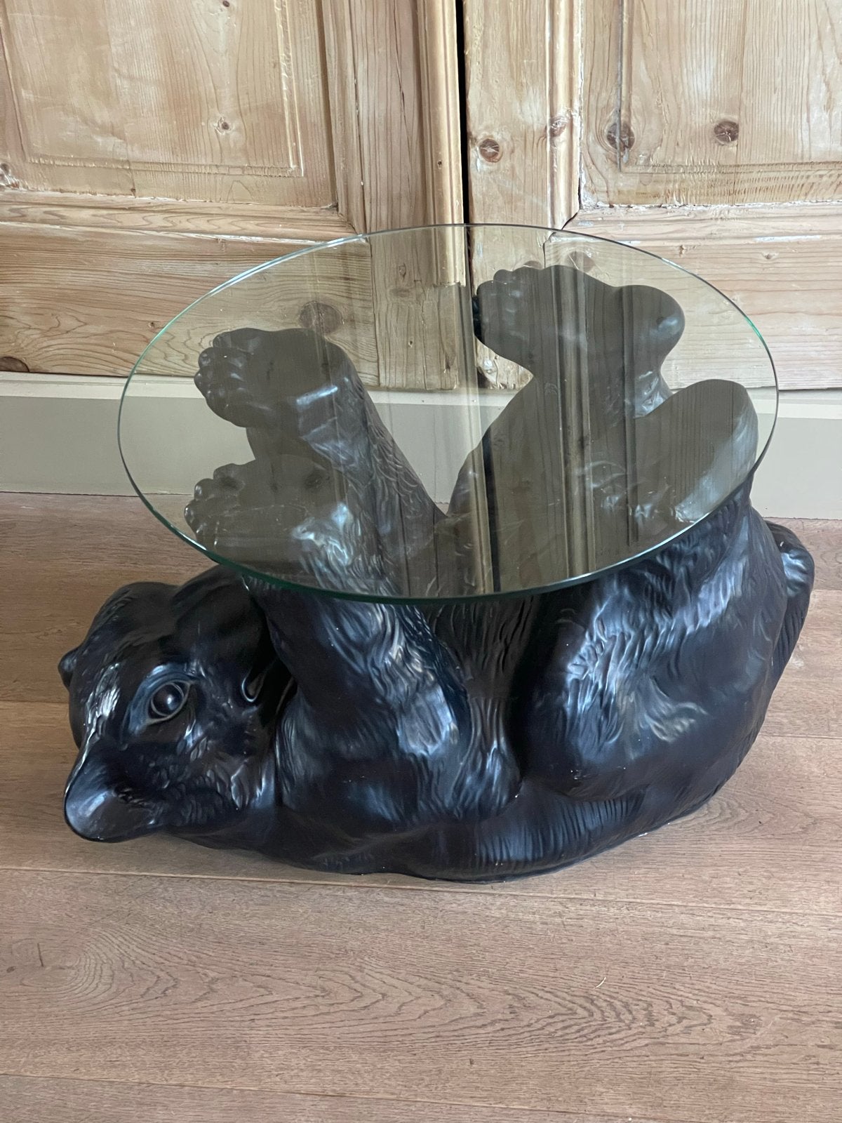 Hollywood Regency Brutalist Salontafel met Beer en Glasplaat, Ophalen