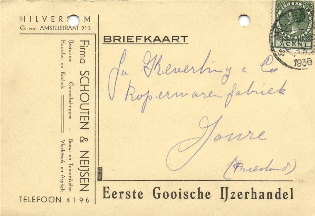 Firma Schouten + Neijsen, Hilversum - 03.1936 - briefkaart, Postzegels en Munten, Ophalen of Verzenden, Briefkaart