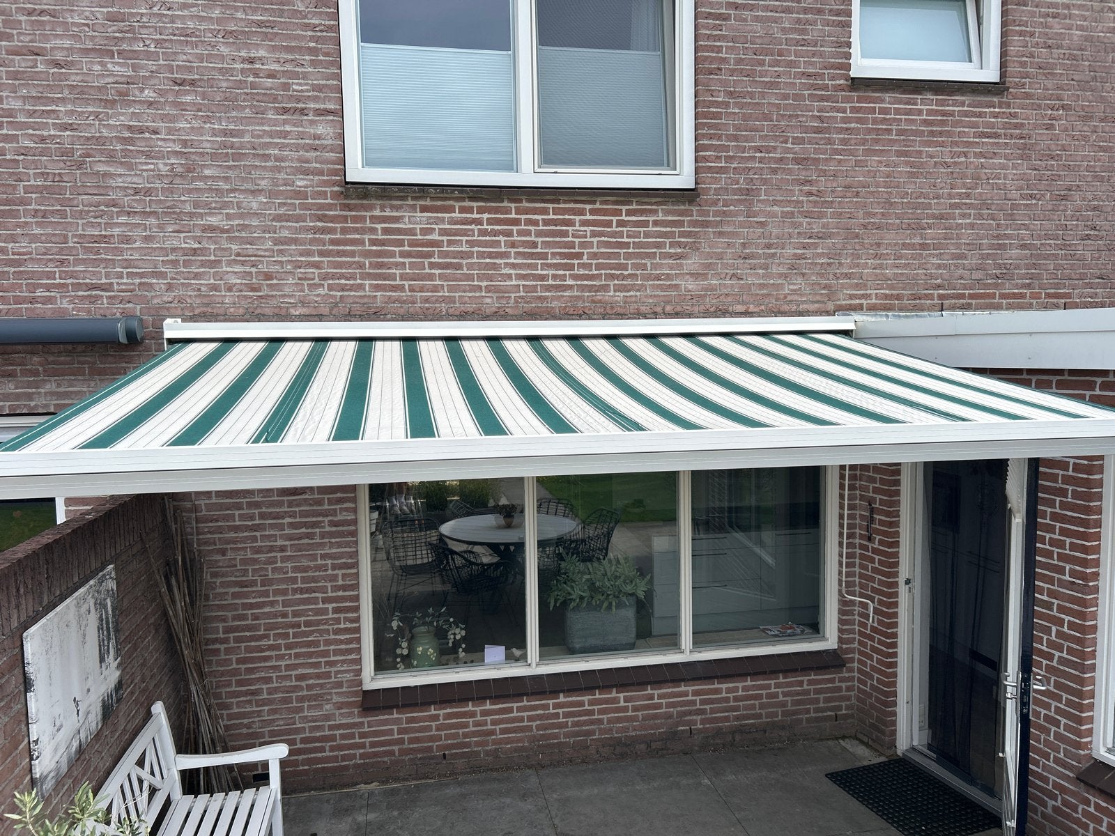 Knikarmscherm - Groen/Wit gestreept  400x250 cm, Ophalen, Gebruikt, 450 cm of meer, Elektrisch