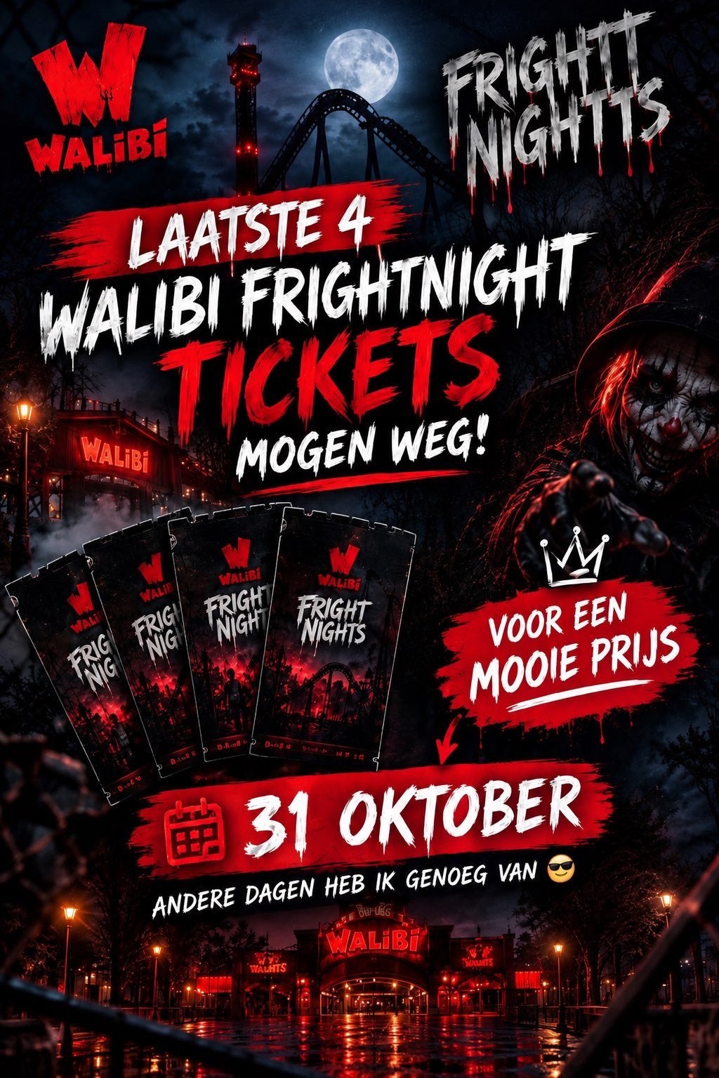 Walibi fright night tickets 31 okt en meer, Drie personen of meer