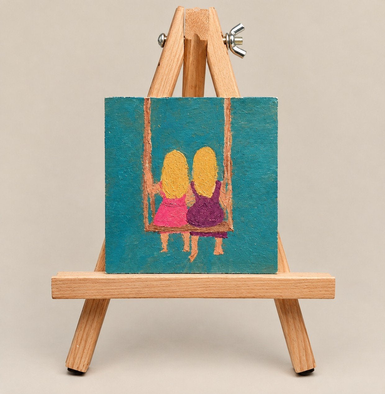Vriendschap op de schommel - Origineel schilderij, Ophalen of Verzenden