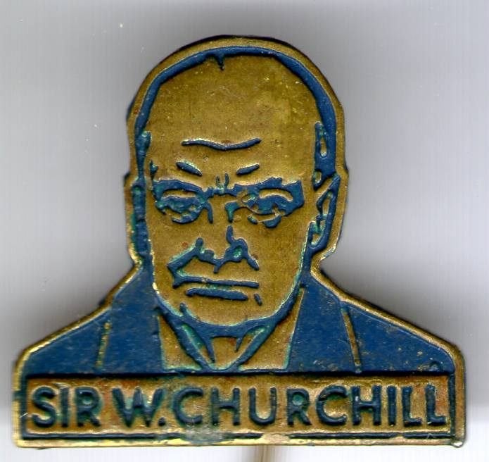 Sir W. Churchill blauw op koper speldje ( R_082), Ophalen of Verzenden, Zo goed als nieuw, Figuurtje, Speldje of Pin