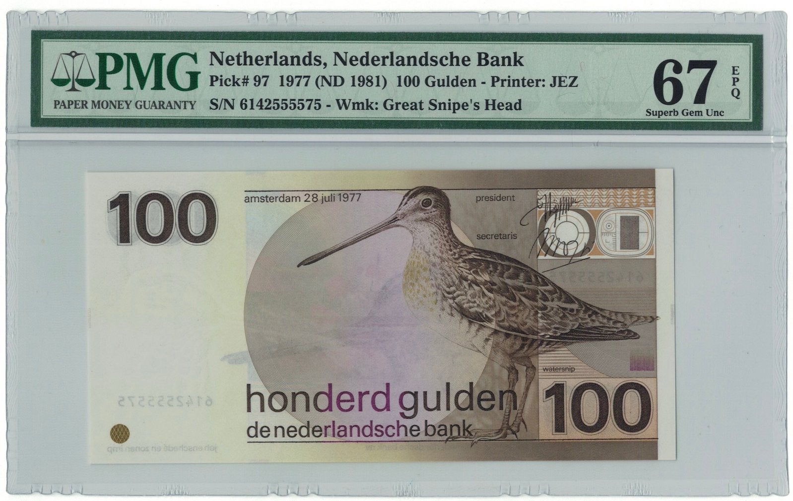 PMG 67 EPQ 100 Gulden Watersnip 1977, Ophalen of Verzenden, 100 gulden