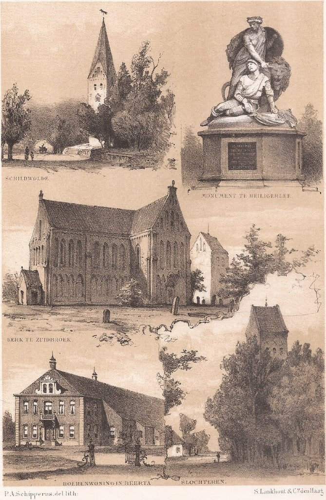 Schildwolde Monument Heiligerlee Kerk Zuidbroek Slochteren B, Antiek en Kunst, Kunst | Etsen en Gravures, Origineel, 1800 - 1899