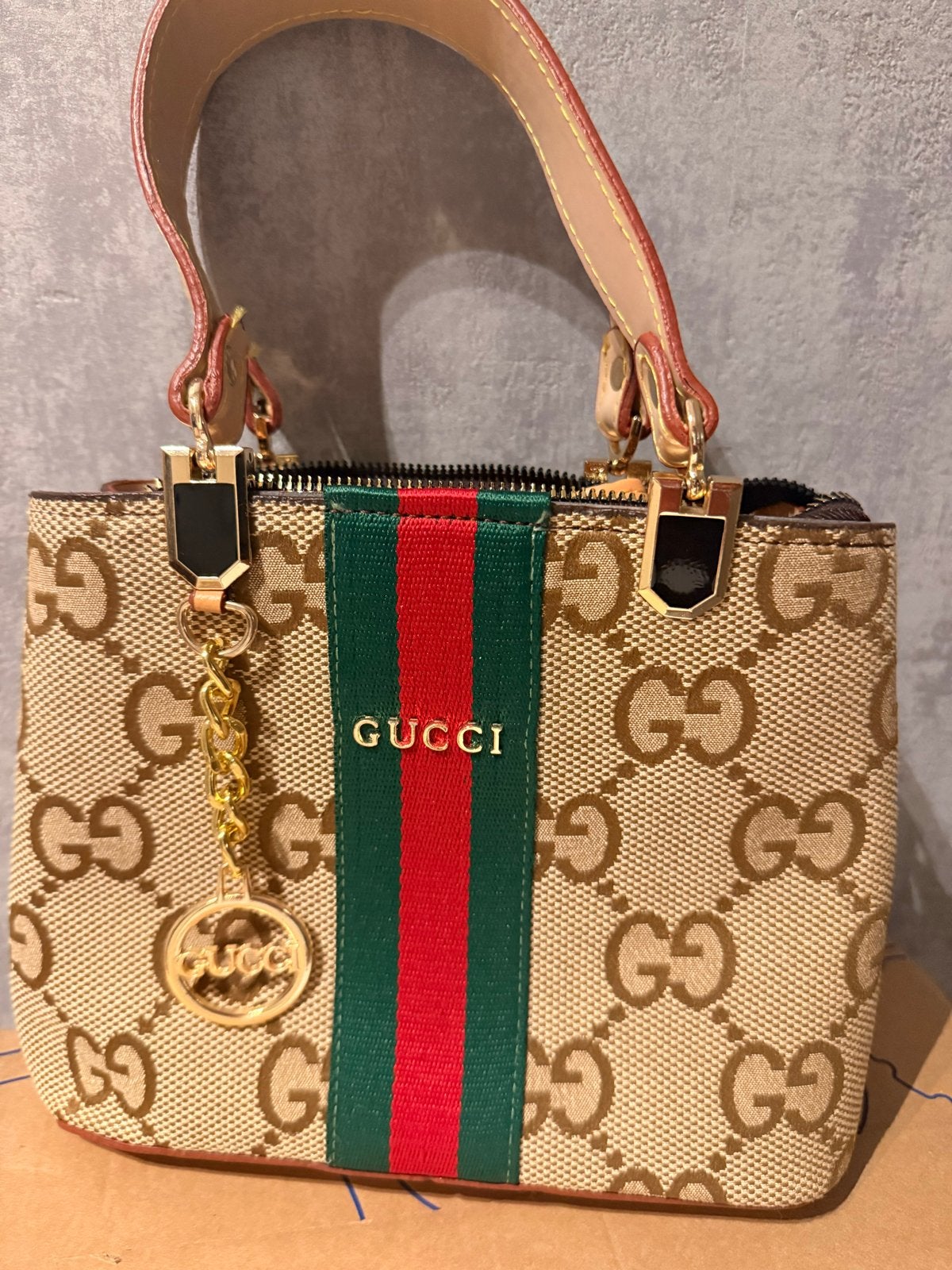 Gucci stijl handtasje met GG-patroon en streep, Ophalen of Verzenden, Gebruikt, Beige, Handtas