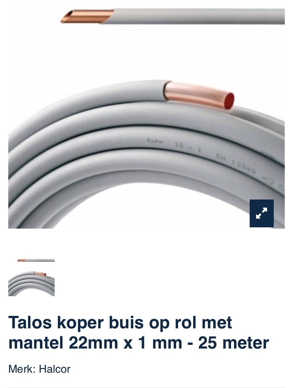 Talos koper buis op rol met mantel 22mm x 1mm - 25 meter, Ophalen, Overige materialen, 6 meter of meer, Nieuw