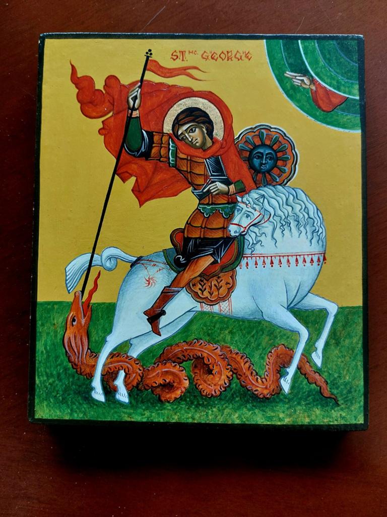 Handgeschilderd icoon St. George - Tempera op hout (2003), Ophalen of Verzenden