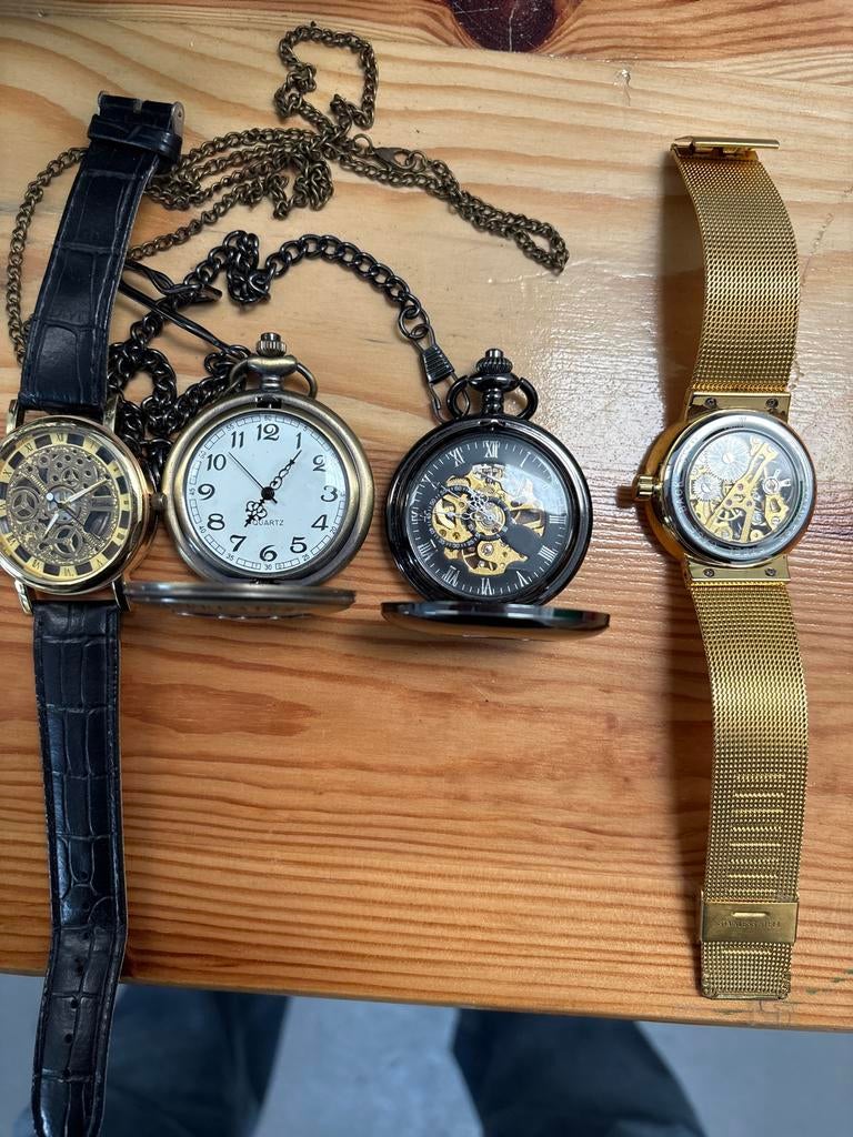 Partij horloges: 2 zakhorloges en 2 polshorloges, Verzenden, Staal, Zakhorloge, Overige merken