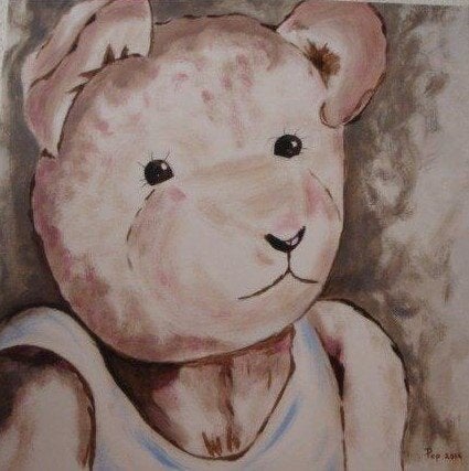 Schilderij Teddy Beer, Beertje op doek, Kinderkamer Beertje, Ophalen of Verzenden, Gesigneerd, Acrylverf, Dieren