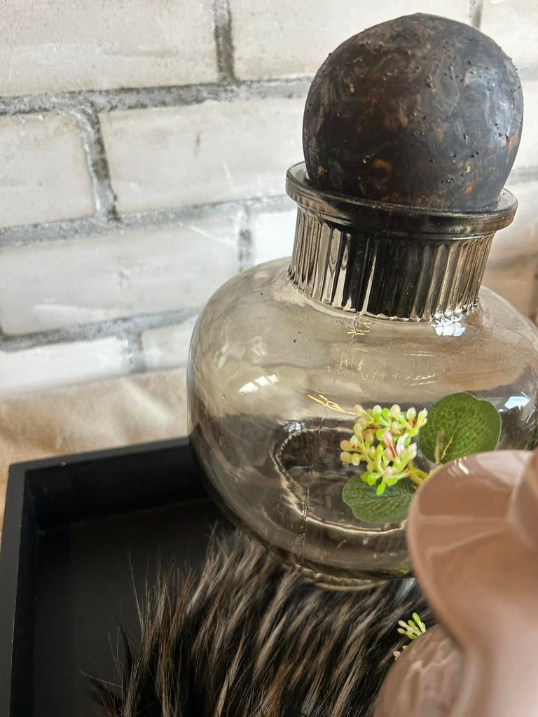 Mooie aparte glazen pot met dikke houten bol dop, Huis en Inrichting, Woonaccessoires | Stolpen, Ophalen of Verzenden, Zo goed als nieuw
