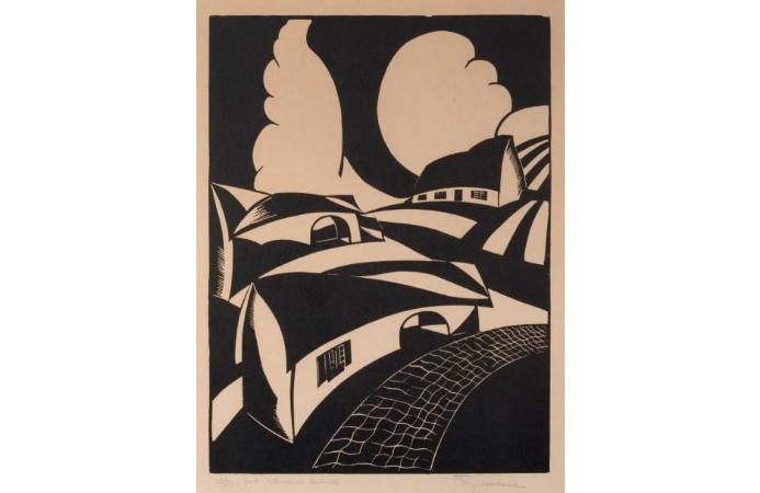 Aparte "voorstudie" van houtdruk Joris Minne, Ingelijst, 1950 - 1999, Stadsgezicht, Ophalen of Verzenden