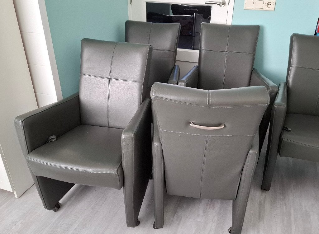 6 (echt) leren stoelen met handgreep en wieltjes, Huis en Inrichting, Stoelen, Ophalen, Gebruikt, Leer, Grijs