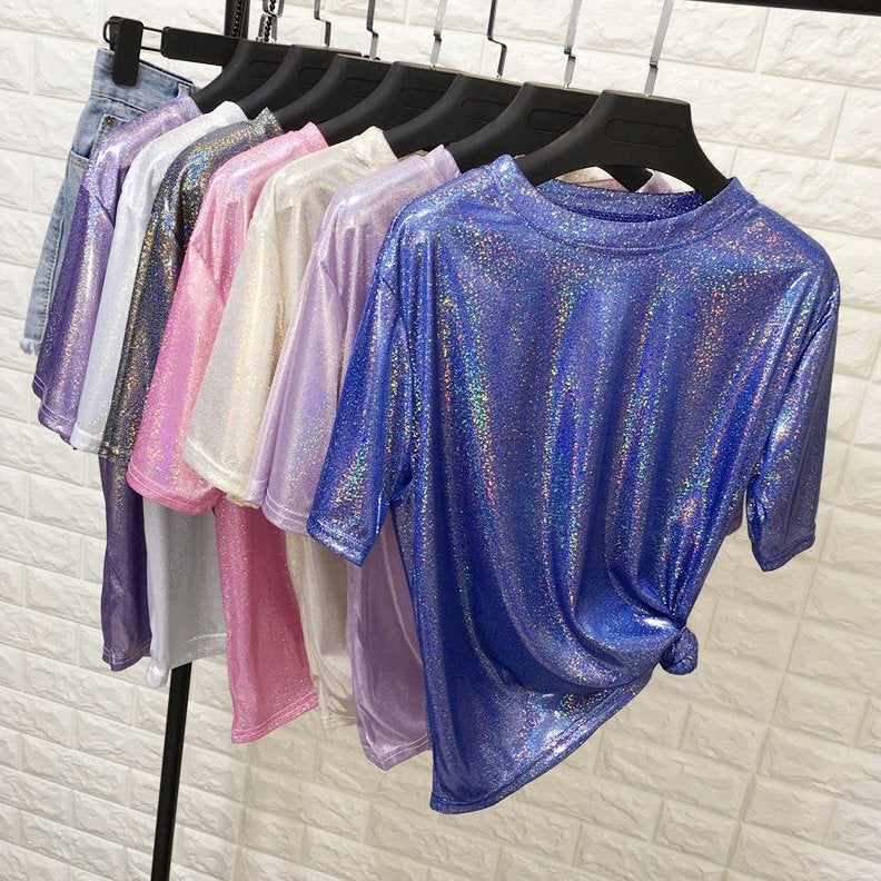 Roze zilveren paarse gouden glimmende top zijden shirt dames, Verzenden, Nieuw, Overige kleuren, Korte mouw