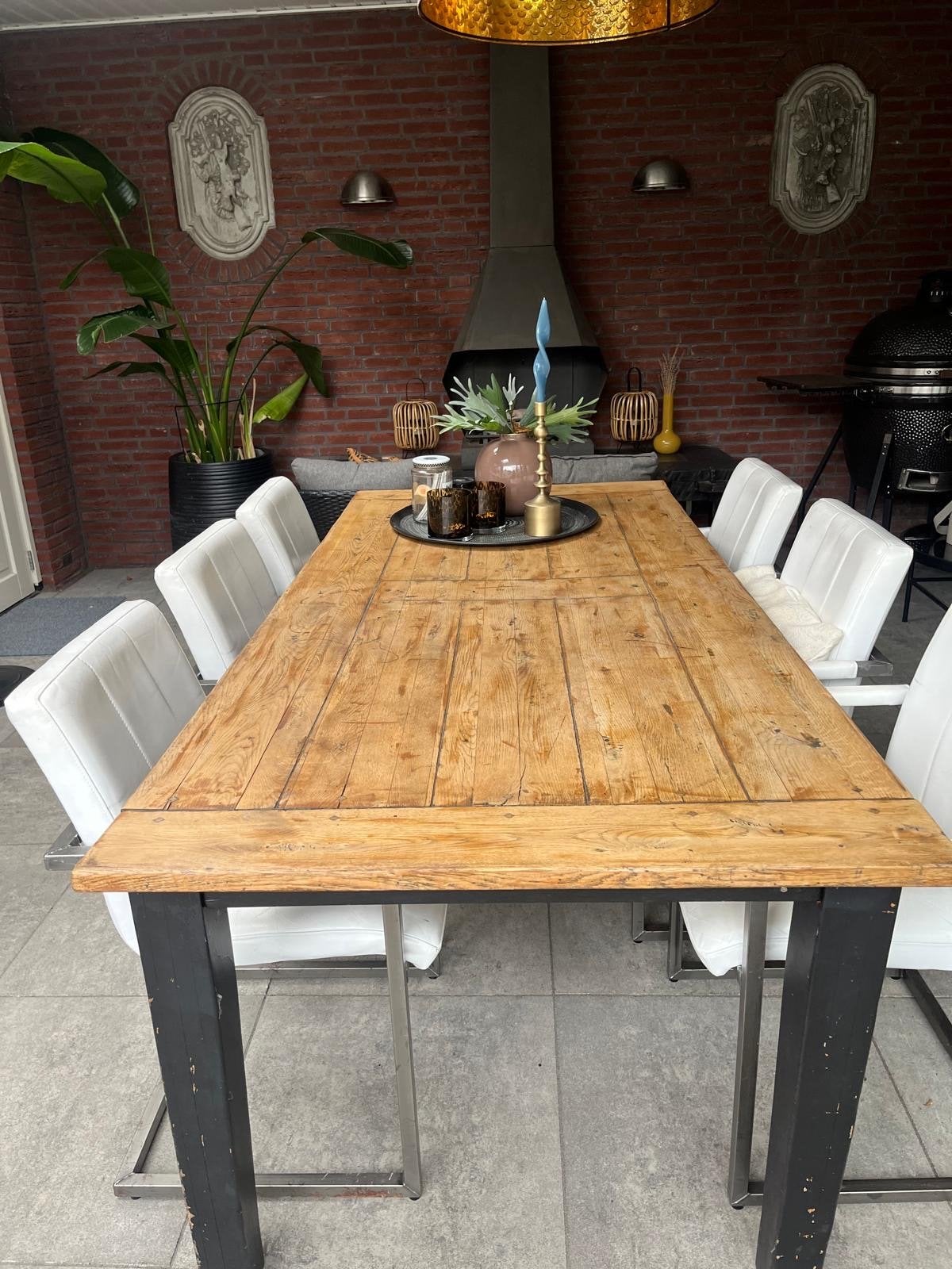 Eiken eettafel met rvs stoelen met leren bekleding, Huis en Inrichting, Tafels | Eettafels, Gebruikt, 150 tot 200 cm, Vier personen