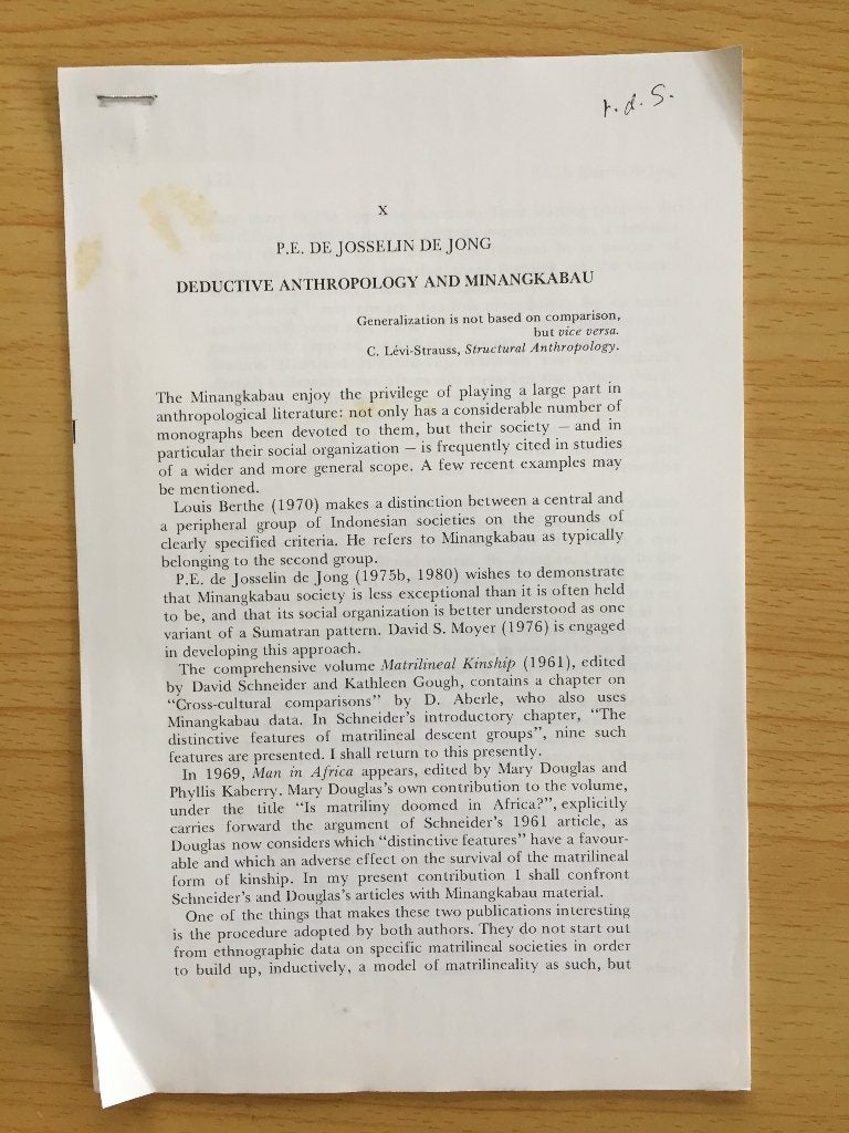 Deductieve antropologie en de Minangkabau, Ophalen of Verzenden, Gelezen, P.E. Josselin de Jong