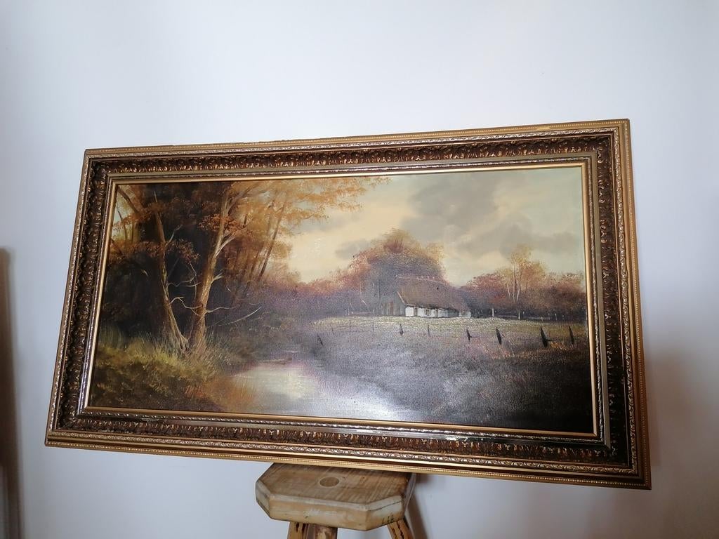 Schilderij olieverfschilderij bos boerderij natuur, Antiek en Kunst, Kunst | Schilderijen | Klassiek, Ophalen of Verzenden