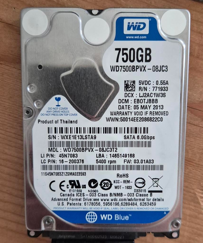 WD Blue 750GB SATA Harde Schijf (HDD) - 5400 RPM, Computers en Software, Harde schijven, Intern, 750GB, Server, Ophalen of Verzenden
