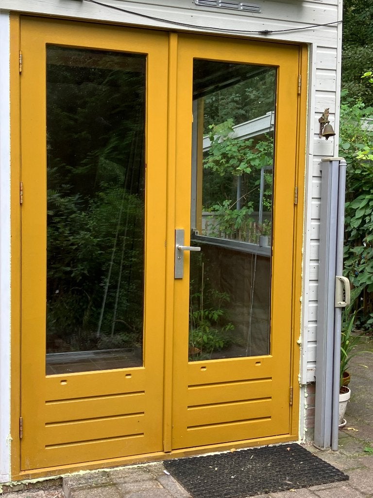 Dubbele openslaande merbau tuindeur met dubbel glas, Ophalen, Gebruikt, Overige typen, 150 tot 225 cm