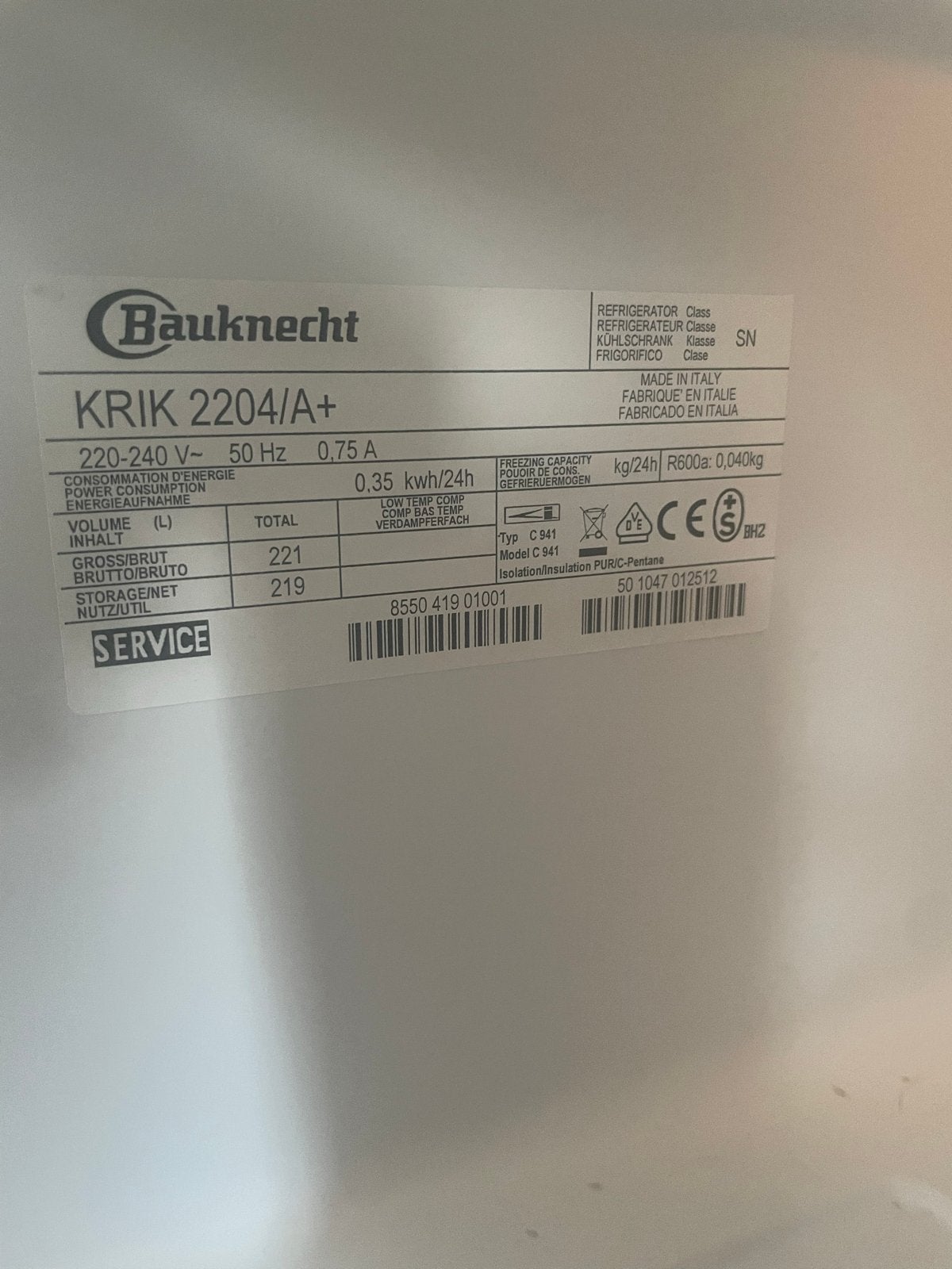 Bauknecht KRIK2204/1/A+ Inbouw Koelkast - 212L, A+, Witgoed en Apparatuur, Koelkasten en IJskasten, Ophalen, Zonder vriesvak, 120 tot 140 cm