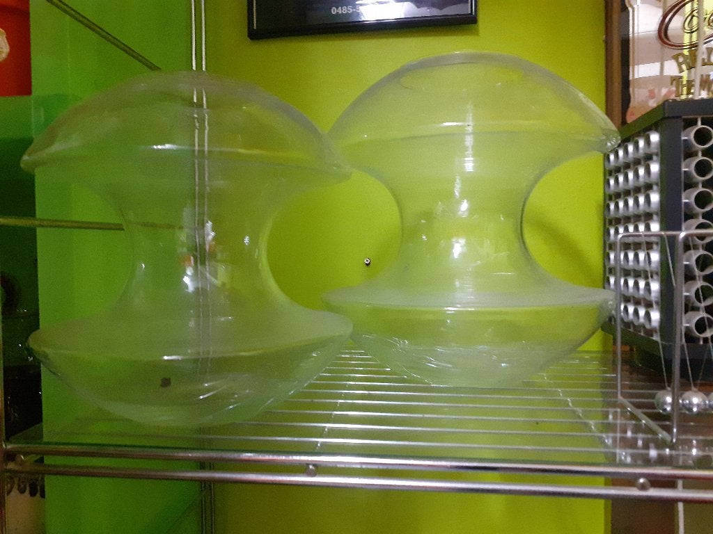 Jaren 70 vaas klokhuis glas space age design retro vintage, Huis en Inrichting, Woonaccessoires | Vazen, Gebruikt, Transparant