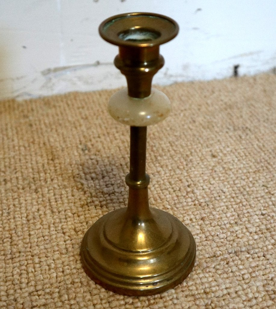 Vintage Messing Kandelaar met Perlemoeren Accenten, Antiek en Kunst, Antiek | Kandelaars, Ophalen of Verzenden, Koper of Brons