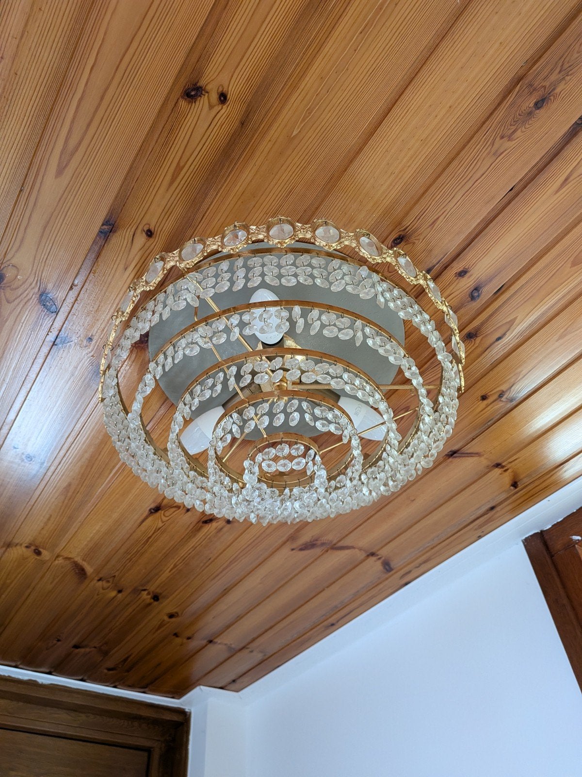 Vintage kristallen plafondnière / kroonluchter goud, Huis en Inrichting, Ophalen of Verzenden, Klassiek, Luxe, Glamour