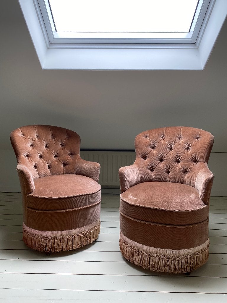 Set van 2 vintage roze velours fauteuils, Huis en Inrichting, Fauteuils, Ophalen, Gebruikt, Minder dan 75 cm, Vintage