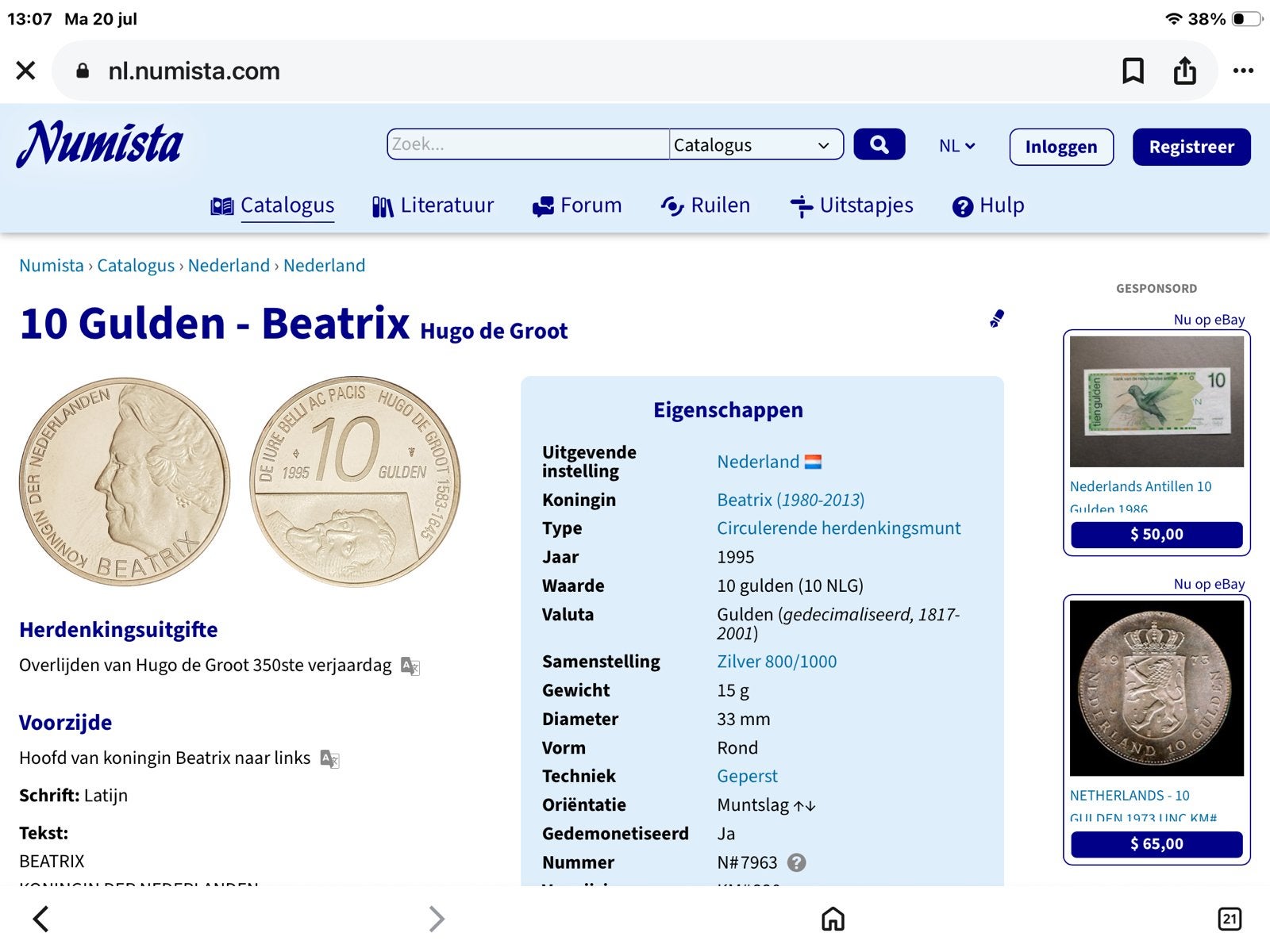 Zilveren 10 Gulden Beatrix Hugo de Groot herdenkingsmunt, Koningin Beatrix, Zilver, Ophalen of Verzenden, Losse munt