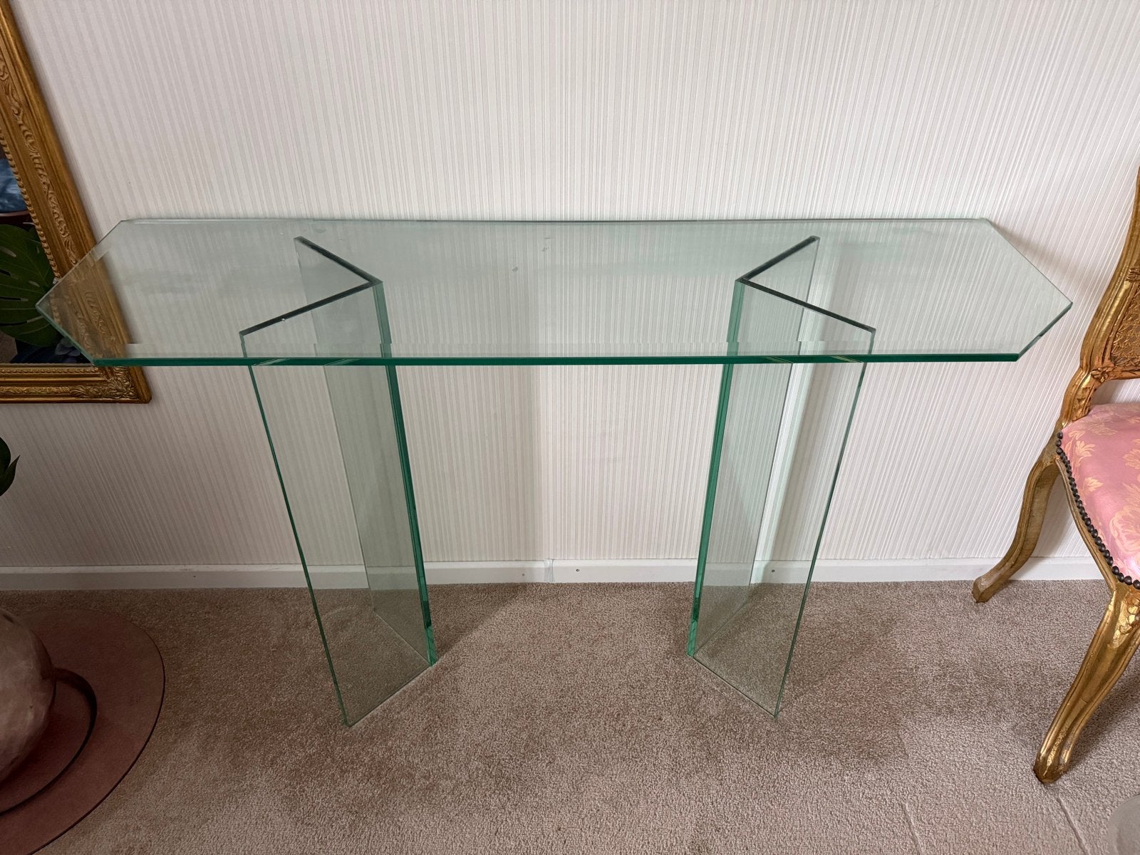 Glazen consoletafel met geslepen rand  - Modern design, Huis en Inrichting, Ophalen, Gebruikt, 100 tot 150 cm, Glas