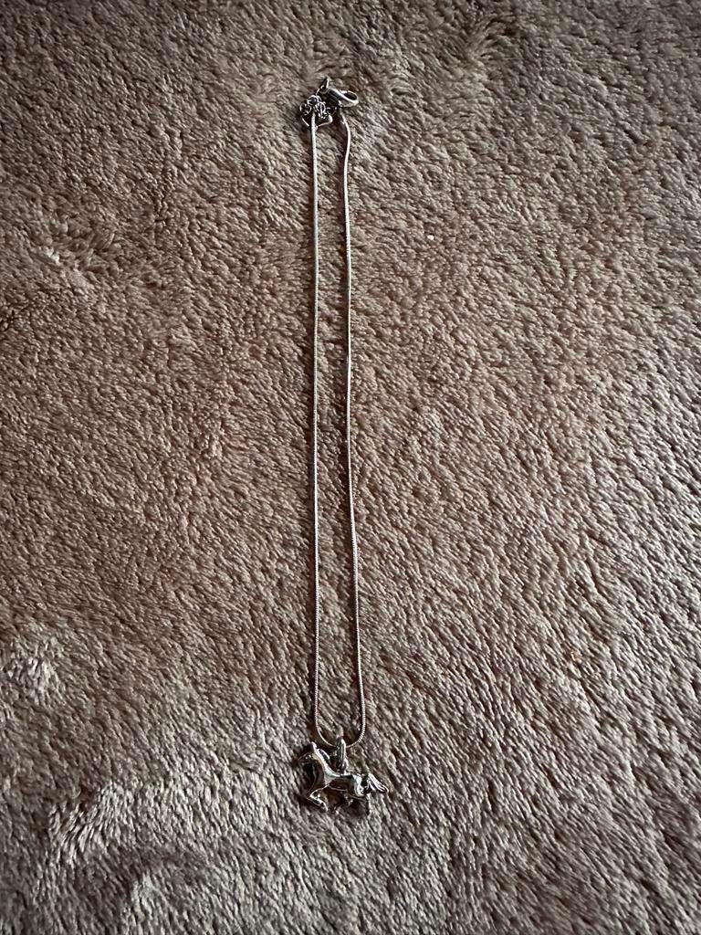 Zilverkleurige ketting met paard hanger, Sieraden, Tassen en Uiterlijk, Kettingen, Ophalen of Verzenden, Zo goed als nieuw, Zilver