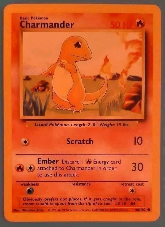 Pokémonkaart Charmander Wizards Base Set 46/102 English 1999, Hobby en Vrije tijd, Ophalen of Verzenden, Zo goed als nieuw, Losse kaart