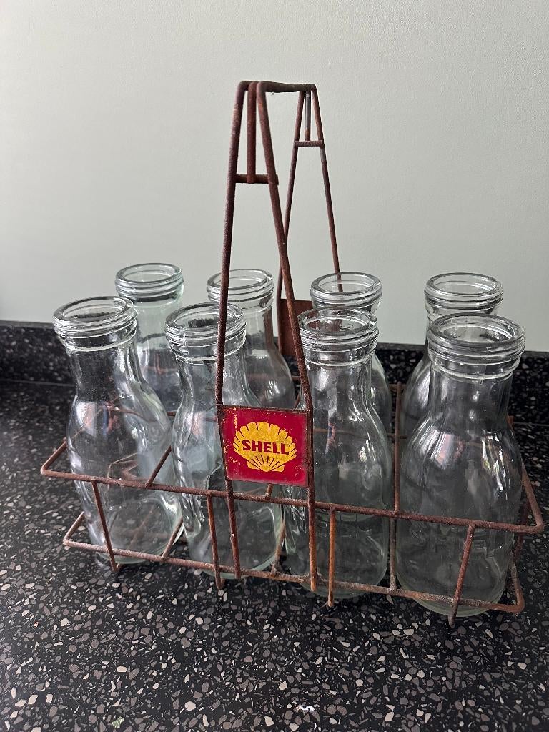 SHELL olieflessen mandje glas oliefles bottle olie fles, Ophalen of Verzenden, Gebruikt, Gebruiksvoorwerp