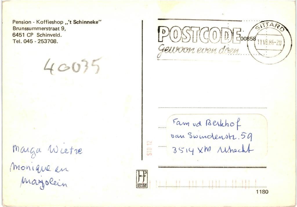 40035	Schinveld	1180 Pension	t Schinneke	 wel stempel, Verzamelen, Ophalen of Verzenden, 1980 tot heden, Gelopen, Limburg