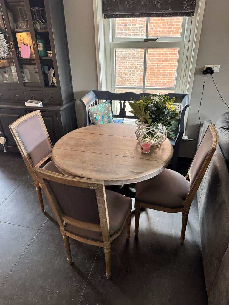 4 Houten landelijk stoere Eetkamer stoelen Sia home fashion, Ophalen, Gebruikt, Drie, Grijs