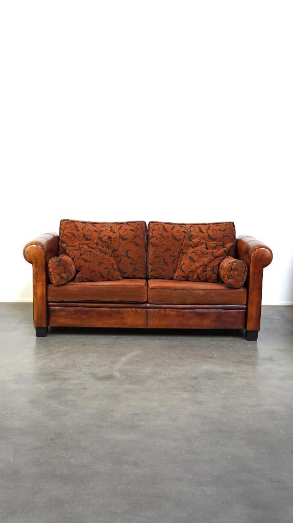 2,5 zits schapenleren bank met stoffen kussens Engelse stijl, Ophalen, Gebruikt, 100 tot 125 cm, Tweepersoons
