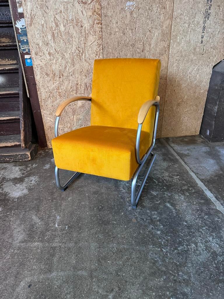 Gispen 407 okergeel ribstof, Huis en Inrichting, Fauteuils, Ophalen, Zo goed als nieuw, Stof, 50 tot 75 cm