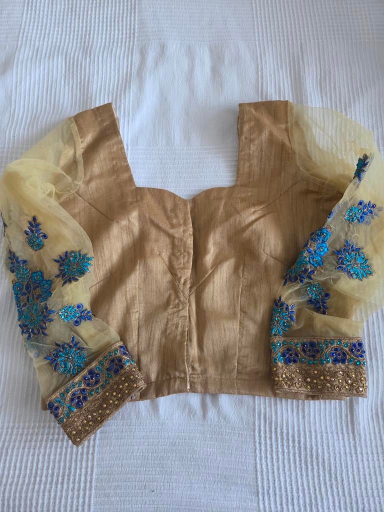 Mooie blauw-gouden sari, maat 38, Ophalen of Verzenden, Zo goed als nieuw