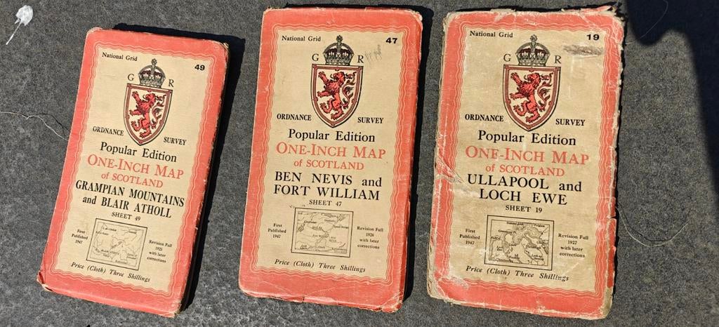 3 maal 1947 Ordnance Survey One Inch Popular Edition Cloth M, Verzamelen, Blikken, Ophalen of Verzenden, Overige