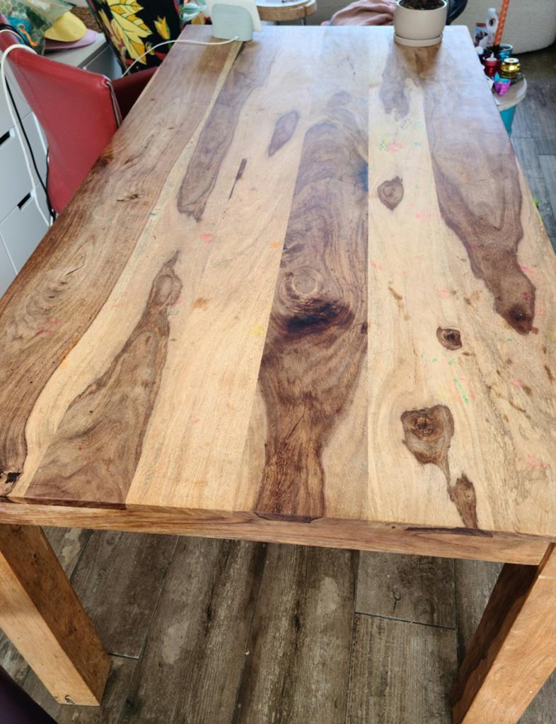 Houten eettafel met bankje en kussen, Huis en Inrichting, Tafels | Eettafels, Ophalen, Gebruikt, 50 tot 100 cm, Rustiek, Modern