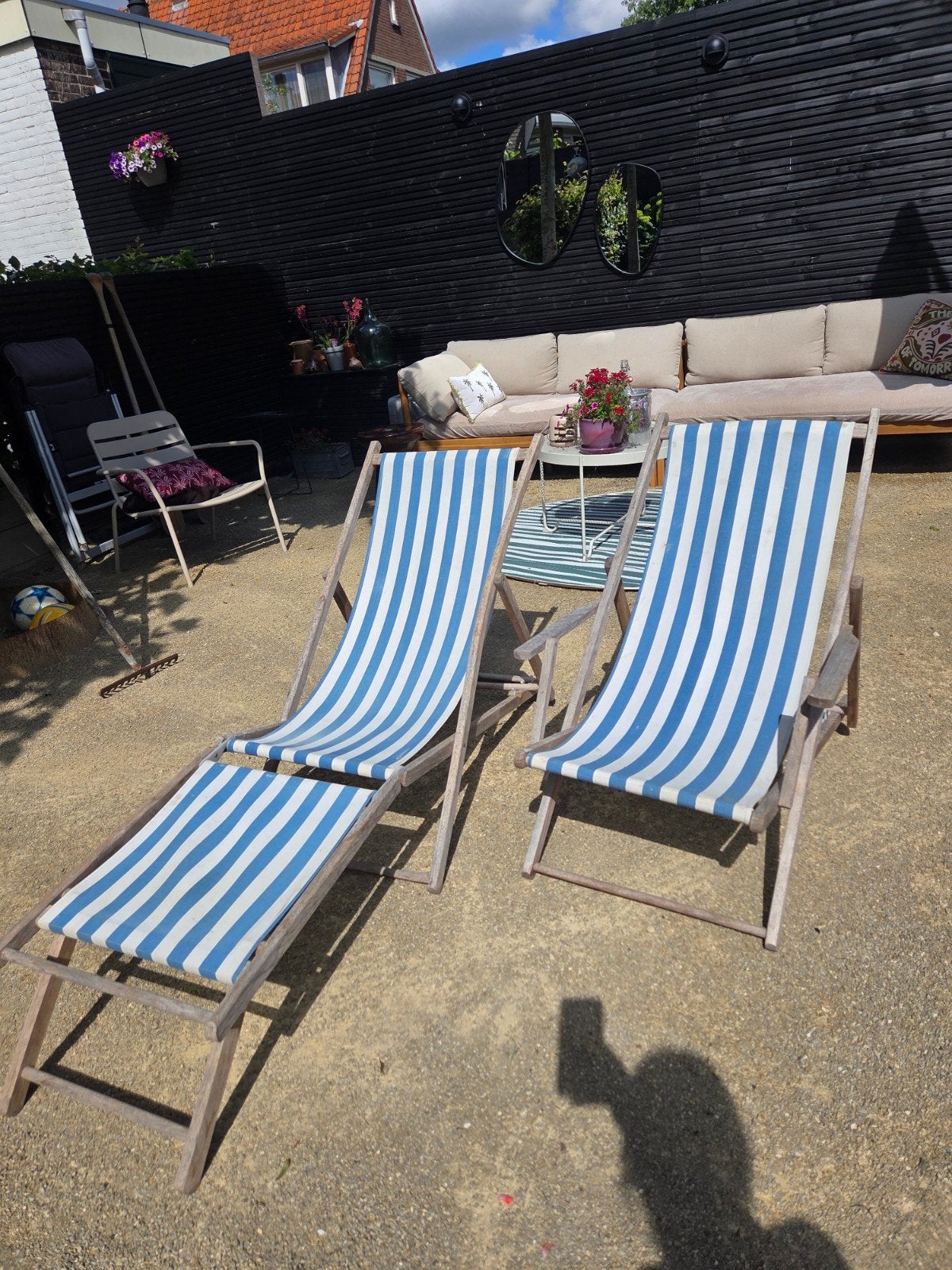 Brocante strandstoelen / ligstoelen - set van 2, Tuin en Terras, Tuinstoelen, Ophalen, Gebruikt, Hout, Verstelbaar