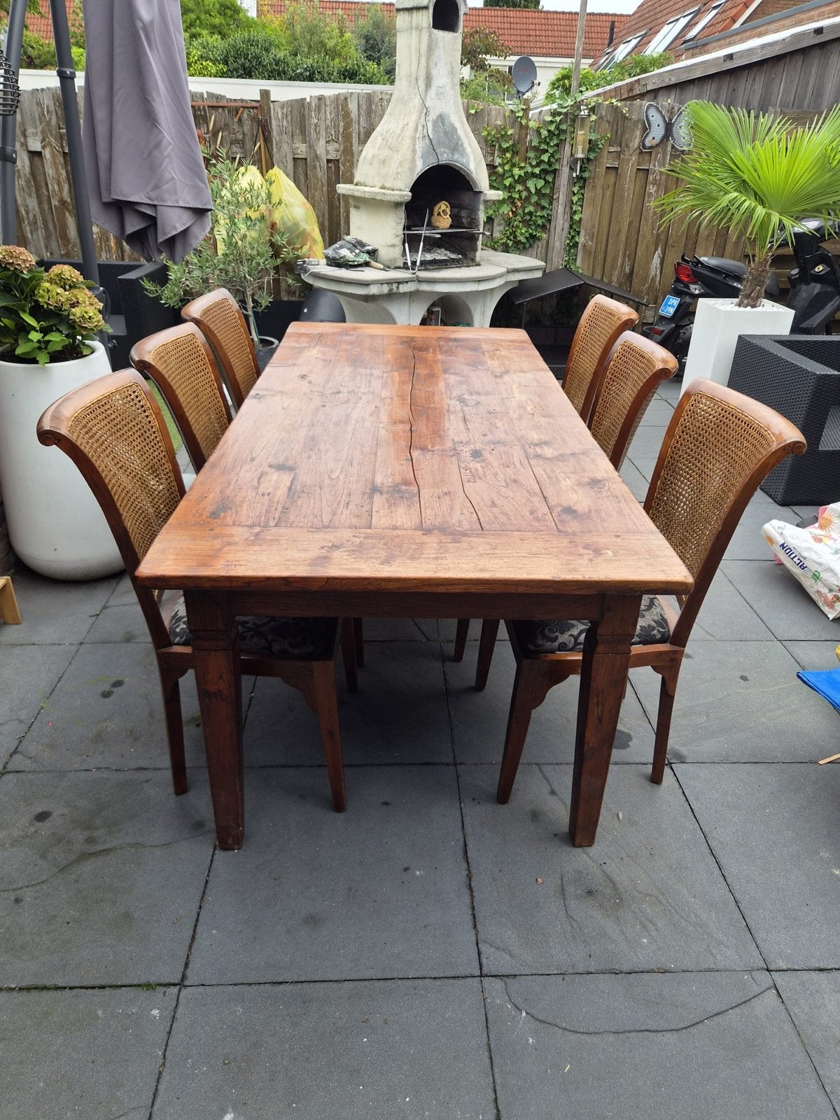 Eethoek: robuuste tafel (220x100 cm) met 6 stoelen, Huis en Inrichting, Ophalen, Gebruikt, 200 cm of meer, 50 tot 100 cm