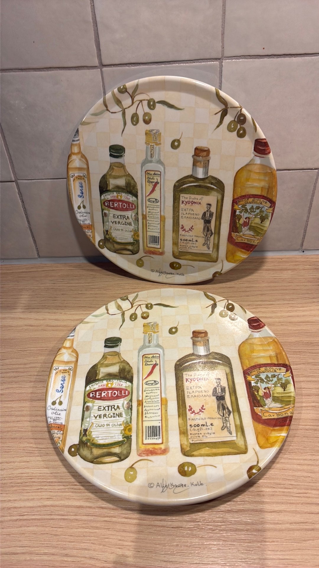 Set van 2 pannenonderzetters Alie Kruse-Kolk Olijfolie, Stapelbaar, Meerkleurig, Ophalen of Verzenden, Zo goed als nieuw