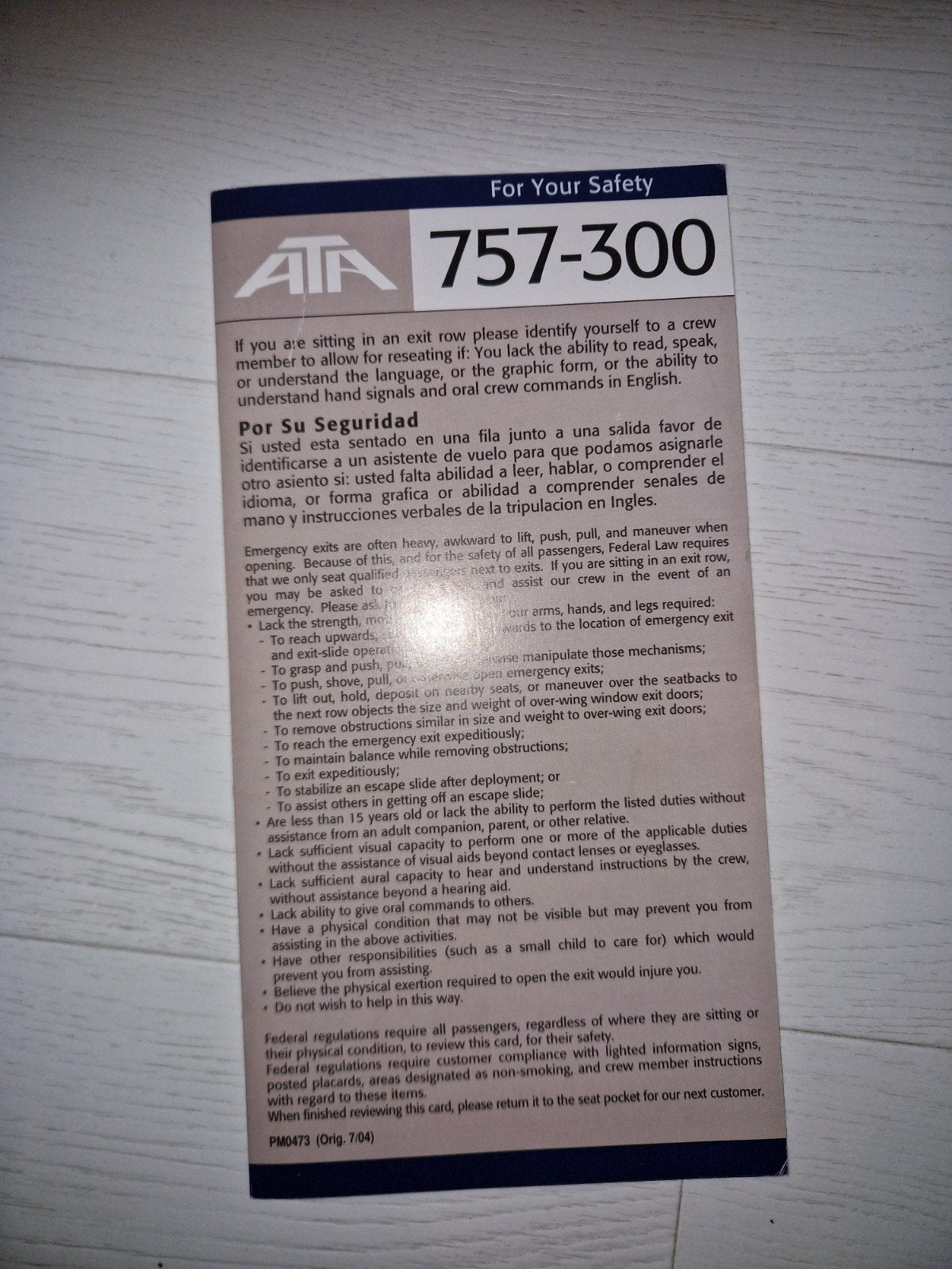 ATA 757-300 Veiligheidskaart Vliegtuig, Verzamelen, Ophalen of Verzenden, Gebruikt, Auto's