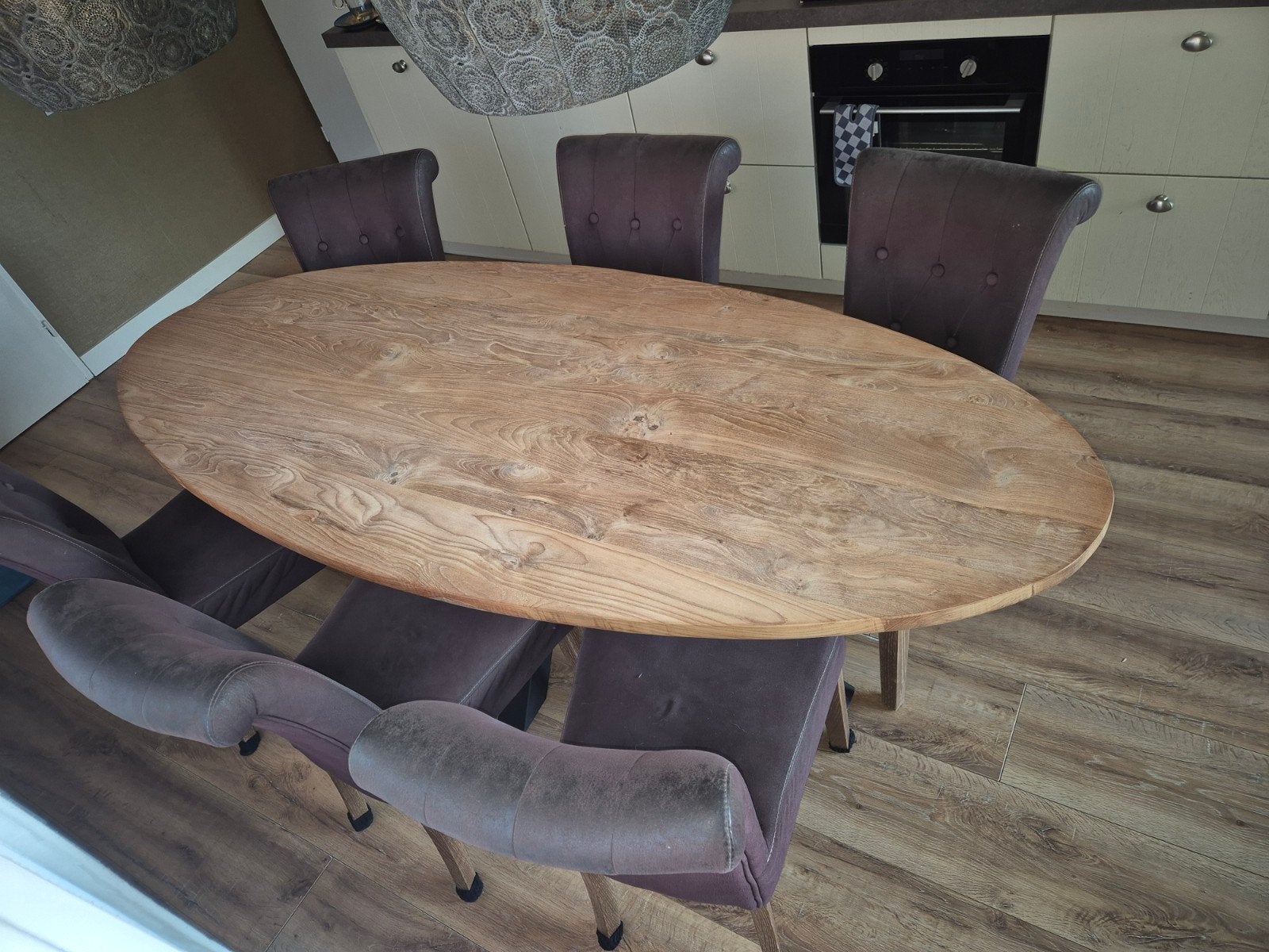 Ovale eettafel met metalen matrixpoot, Gebruikt, 200 cm of meer, Industrieel, Modern, 50 tot 100 cm