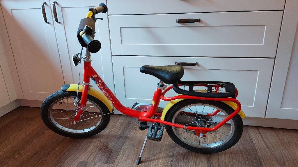 Puky 16 inch rood gele kinderfiets, inclusief zijwieltjes, Ophalen, Terugtraprem, Zijwieltjes, Puky
