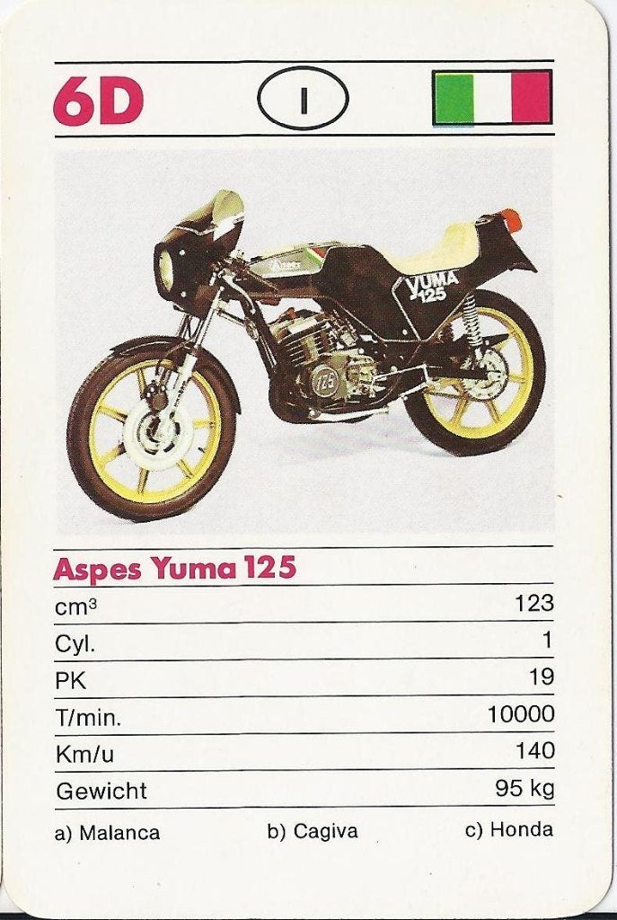 F94 motorkaartje 6d aspes yuma 125, Ophalen of Verzenden, Zo goed als nieuw, Auto's