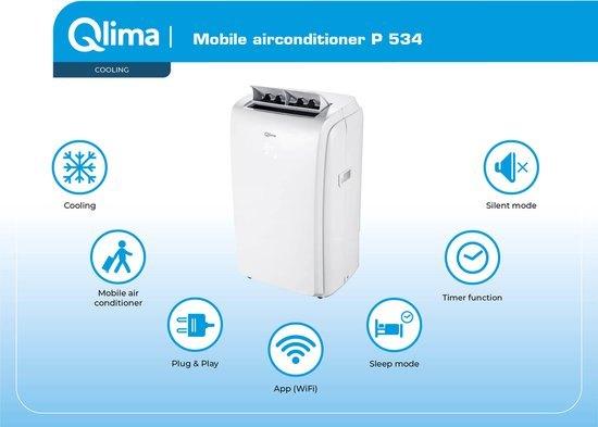 Qlima P534 airco, Witgoed en Apparatuur, Airco's, Zo goed als nieuw, Mobiele airco, 100 m³ of groter, 3 snelheden of meer, Koelen en Ontvochtigen